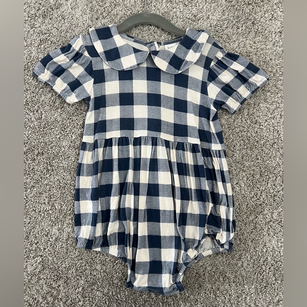 Kate Quinn Navy blue and Cream Plaid gingham bubble Romper Peter Pan collar
